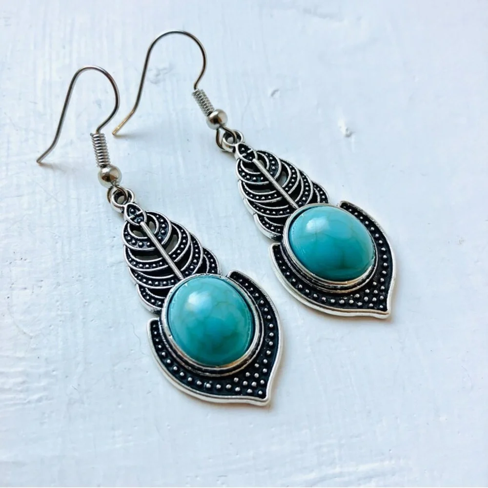 New Sterling Silver Native Ethnic Patina Floral Turquoise Handmade Earrings